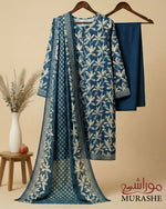 Rijja by Murashe RM#124 A premium lawn 3-piece unstitched suit with intricate print and vibrant colors displayed on fabric.