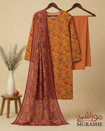 MURASHE Rijja Premium Lawn 3-Piece Unstitched Suit in vibrant fabric with intricate patterns and matching accessories.