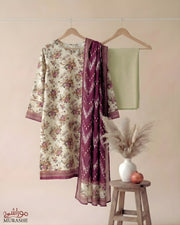 MURASHE Rijja AA-136 premium unstitched lawn suit with intricate fabric and vibrant colors, displayed flat for fashion detail.
