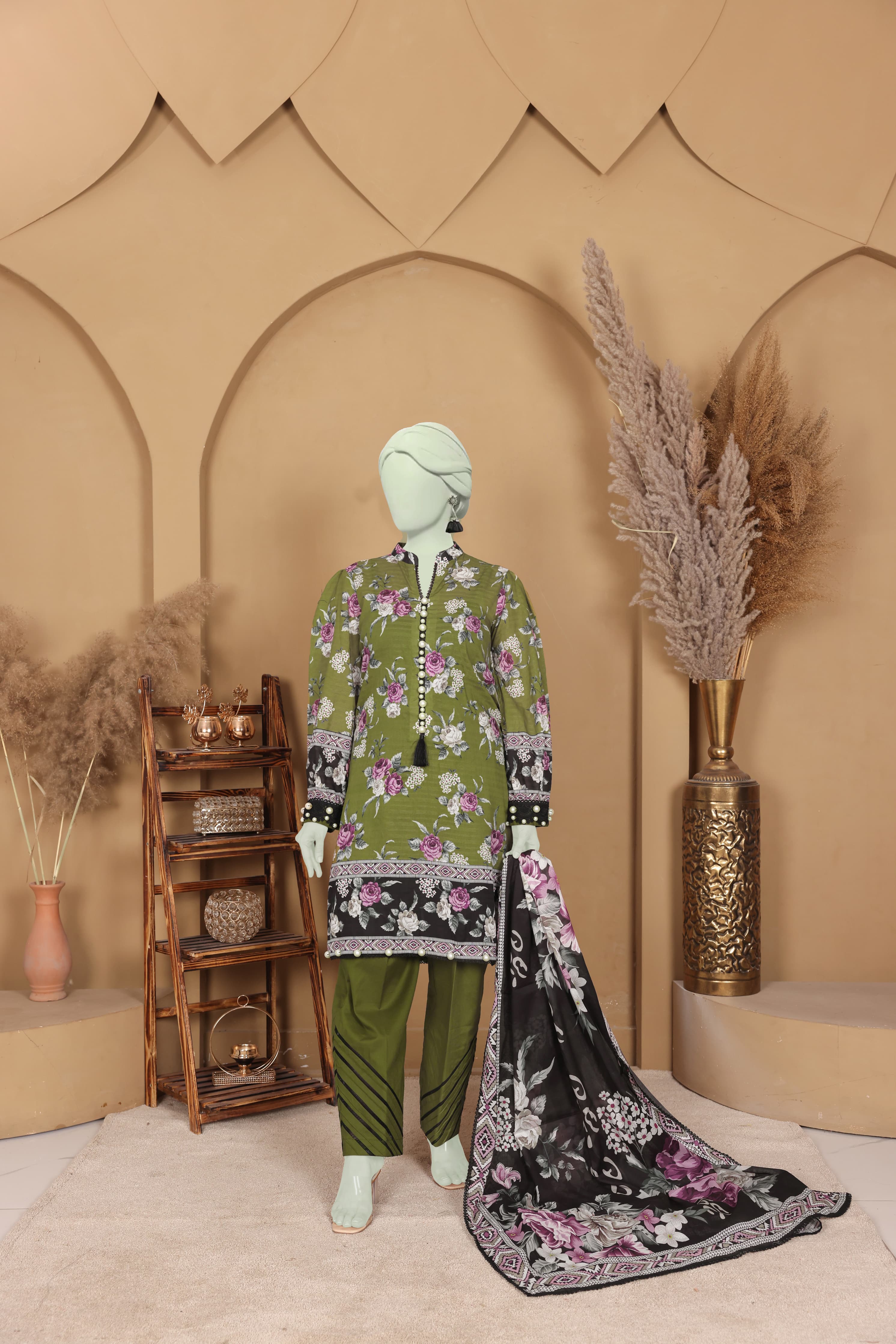 Imsha Doria Lawn 3 Piece D-08 by Murashe featuring digital printed slub lawn shirt, lawn voil dupatta and cotton trousers